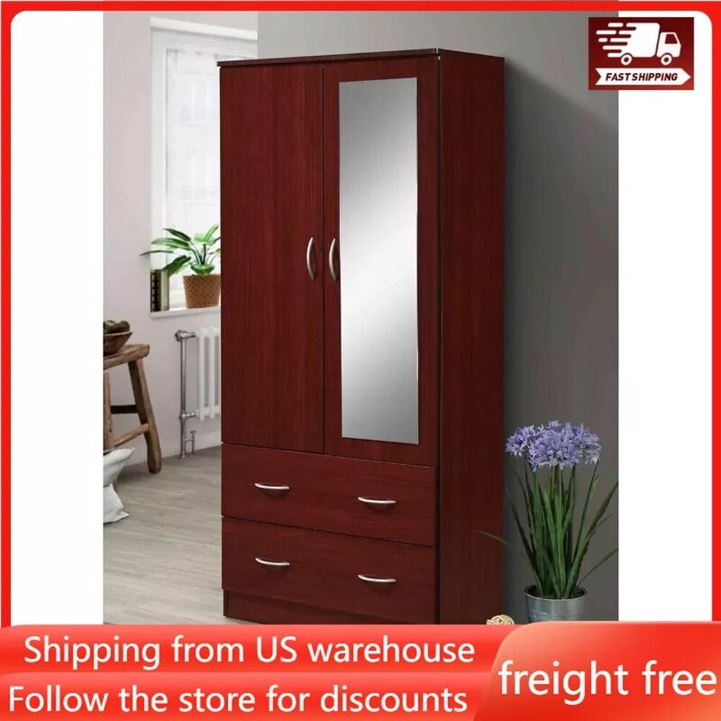 2 Door Wood Wardrobe Bedroom Closet with Clothing Rod Inside Cabinet 2 Drawers for Storage and Mirror No Objectional Odor