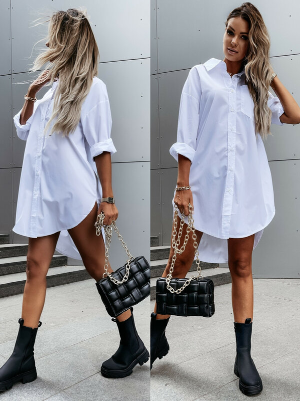 Elegant Women's White Blouse Casual Top Spring/Summer 2023 Simple Loose Fit Long Sleeve V-Neck Button Long Shirt S-XXL