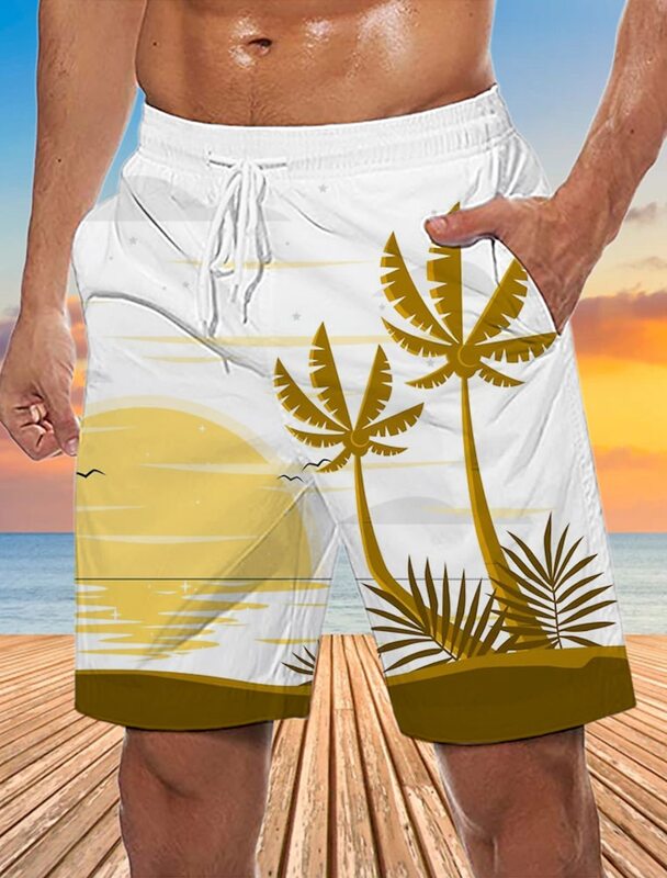 Celana pendek papan pria celana pendek Bermuda celana pendek pantai celana pendek serut 3D grafis motif Pohon kelapa bernapas cepat kering pendek