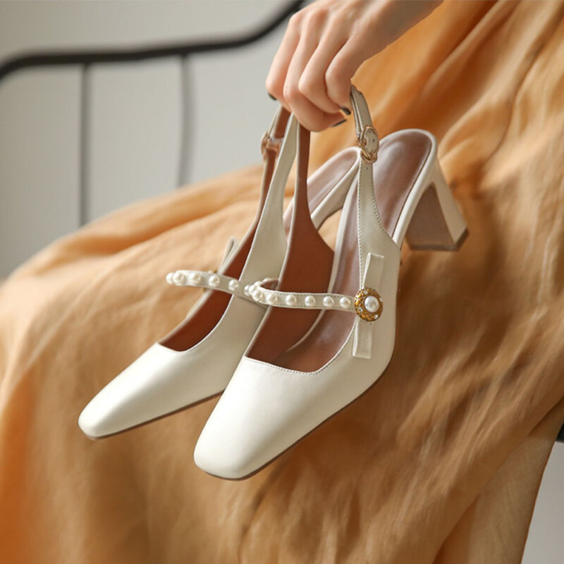 Sepatu pernikahan wanita hak tinggi tali mutiara sandal manik-manik wanita ujung persegi sepatu gaun Mary Janes Sandalias Mujer