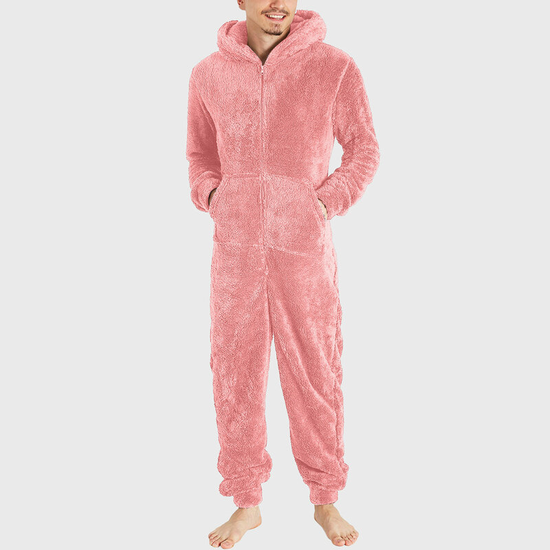 Pijama de lã artificial de manga longa masculino monocromático macacão com zíper solto com capuz, casual para inverno quente, 1