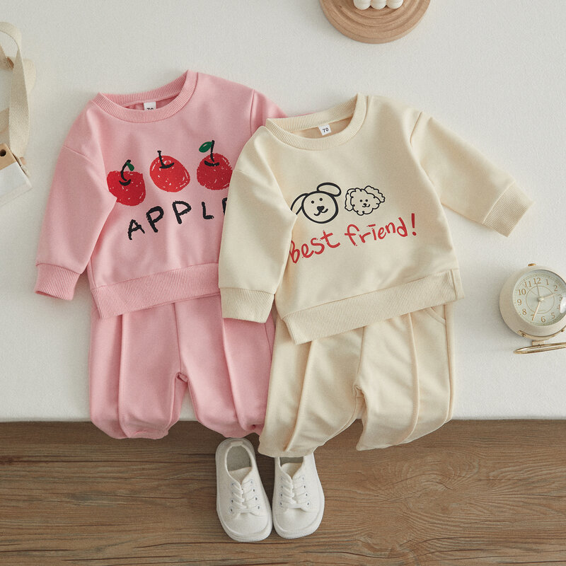 VISgogo Infant Baby Girls Clothes Outfits Letter Animal Head/Apple Print Round Neck Long Sleeve Tops + Elastic Waist Long Pants