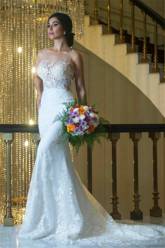 Wykwintne Illusion O-Neck suknie ślubne syrenka elegancka suknia ślubna bez rękawów sąd pociąg vestido de noiva