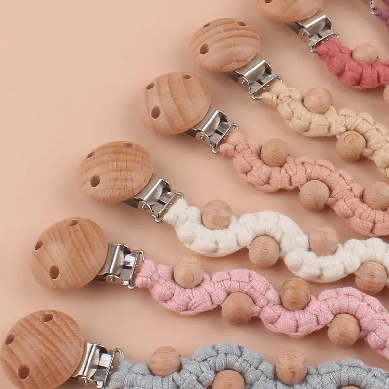Baby Wood Bead Anti-drop Chain Pacifier Clips Hand Braided Cotton Cloth Infant Nipple Appease Soother Chain Clips Dummy Holder