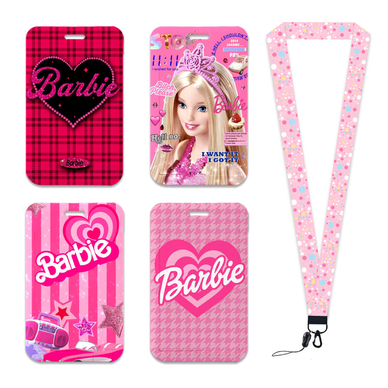 Portatarjetas de PVC de dibujos animados de Barbie, funda protectora de cadena de perlas rosas, bolso colgante para el cuello para estudiantes, cordón para identificación, regalos antipérdida