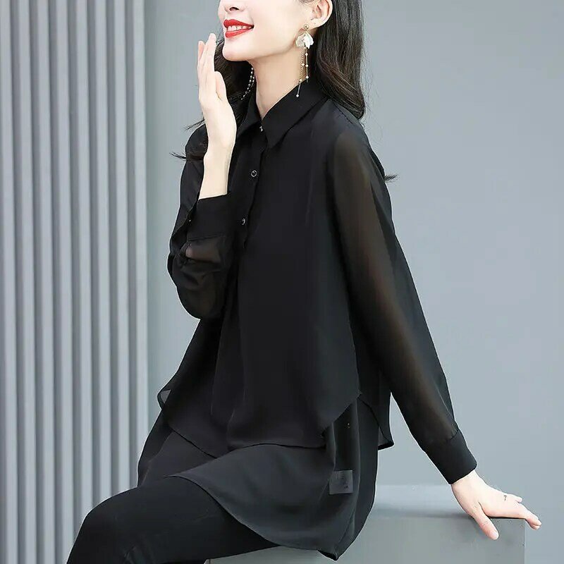 여성용 폴로 칼라 싱글 브로큰 캐주얼 긴팔 셔츠, 루즈한 중간 길이 상의, 심플한 한국어 버전, 단색 여름