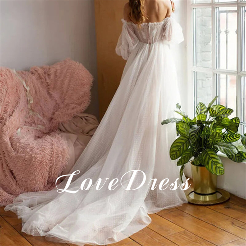 Vestido de novia elegante de tul con escote corazón, con espalda descubierta vestido de novia, mangas abullonadas, longitud hasta el suelo