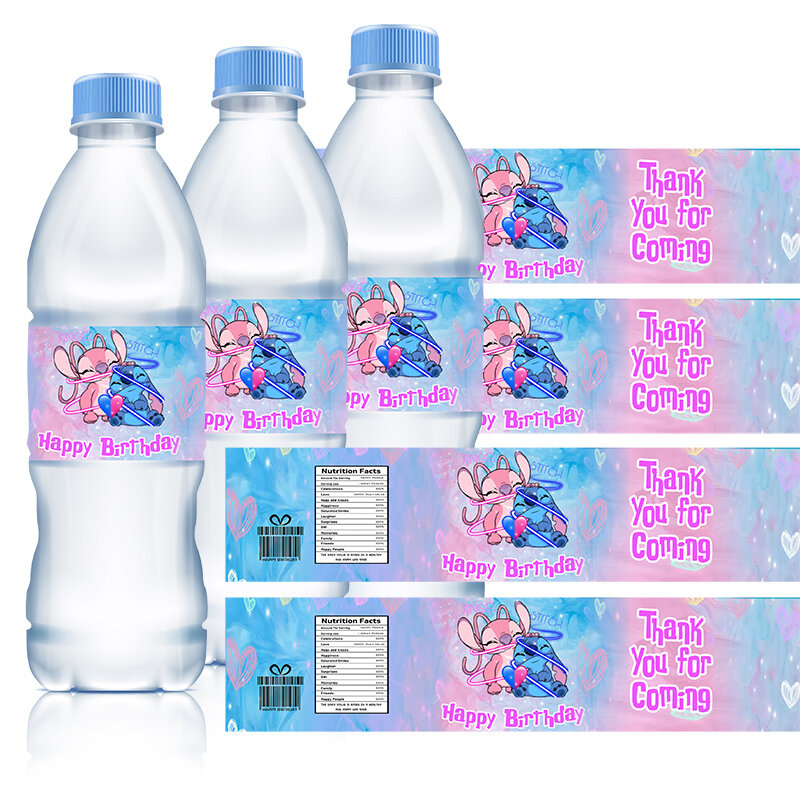 Autocollants de décoration de bouteille d'eau pour garçons et filles, fournitures de fête d'anniversaire, fête préChristophe, Disney CAN O et Stitch