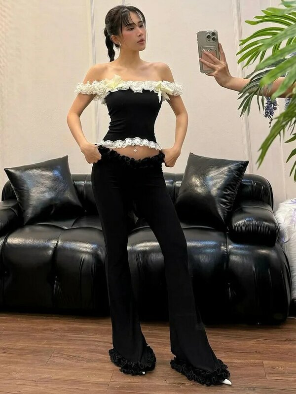 Lygens однотонные обтягивающие длинные женские брюки с заниженной талией в виде грибка съедобного дерева расклешенные летние 2024 уличная одежда Y2K Корейская повседневная одежда