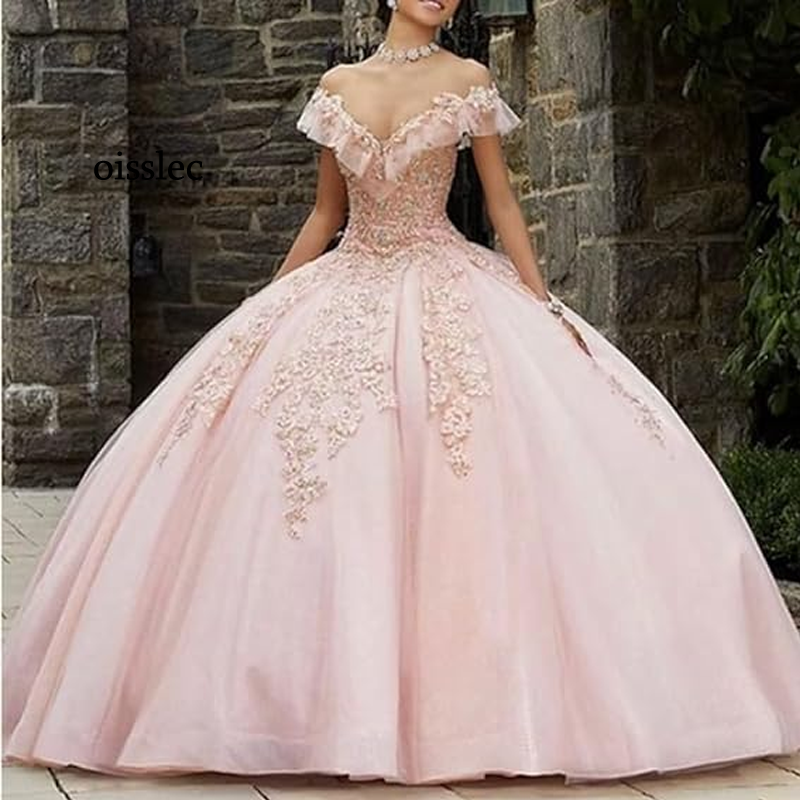 Oisstec Quinceanera gaun leher V gaun pernikahan gaun pengiring pengantin bermanik gaun Prom gaun pesta gaun renda Applique