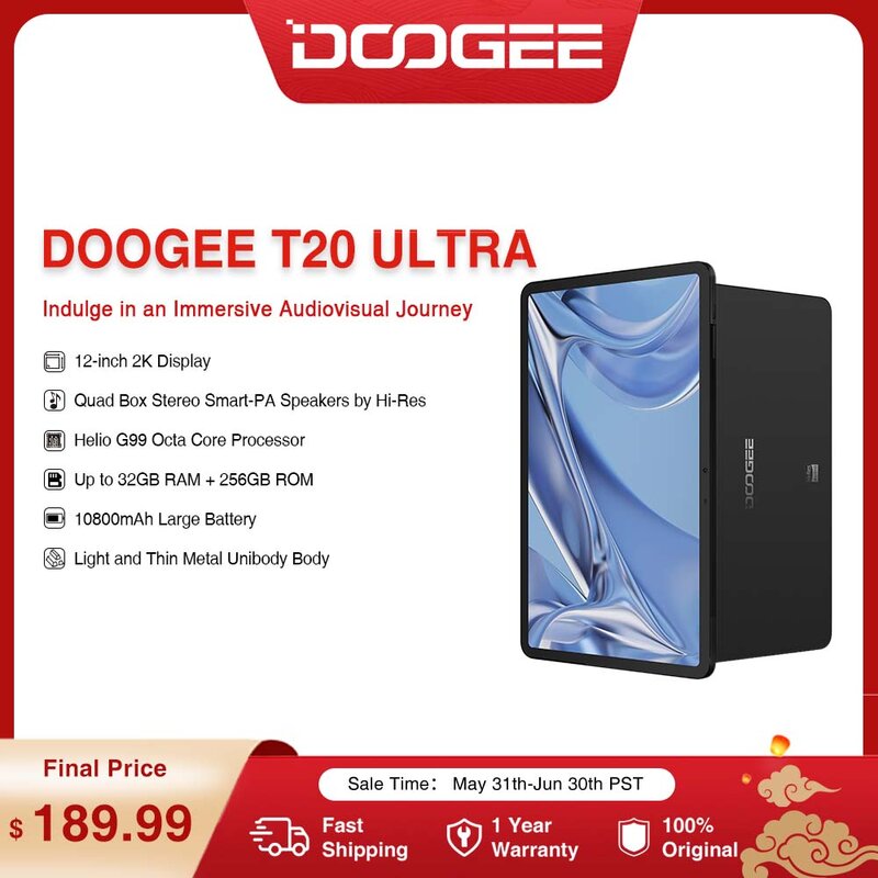 DOOGEE T20 Ultra Tablet 12" 2K Display 12GB+256GB Helio G99  10800mAh 16MP Main Camera Android 13 Quad Box Stereo Speakers