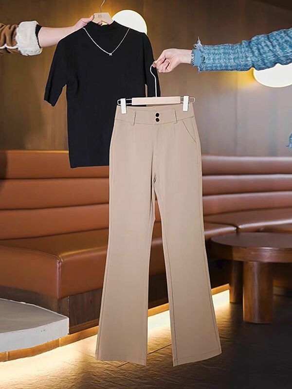 Spring Autumn 2023 New Women High Waist Chic Office Ladies Elegant Solid Straight Suit Pants Female Flare Trousers Tops X107