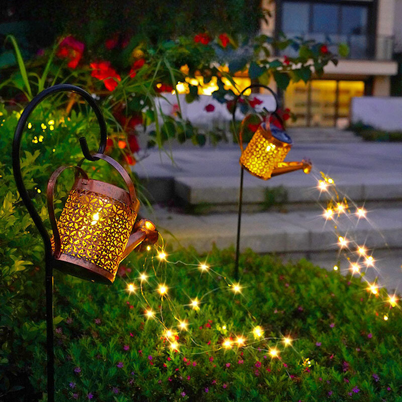 야외 안뜰 정원용 빈 다리미 아트 대형 물 주전자 램프, 태양열 LED 별빛 물 주전자 바닥 램프