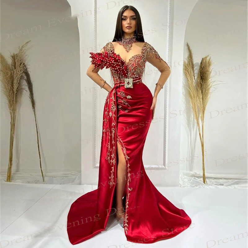 Vestido de noche elegante de sirena para mujer, vestidos de graduación de manga larga, cuello alto, abertura lateral, rojo, Sexy, nuevo