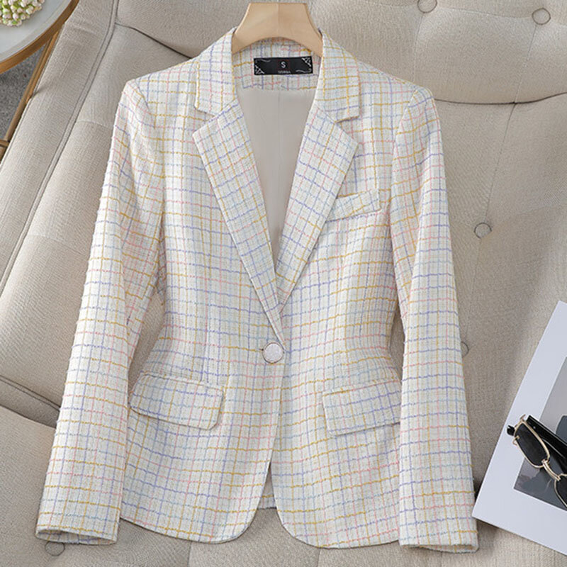 Herbst Frauen formale Blazer Damen Büro Gitter Anzug Langarm Single Button Arbeit tragen Jacke Mantel weibliche Oberbekleidung Tops 4xl