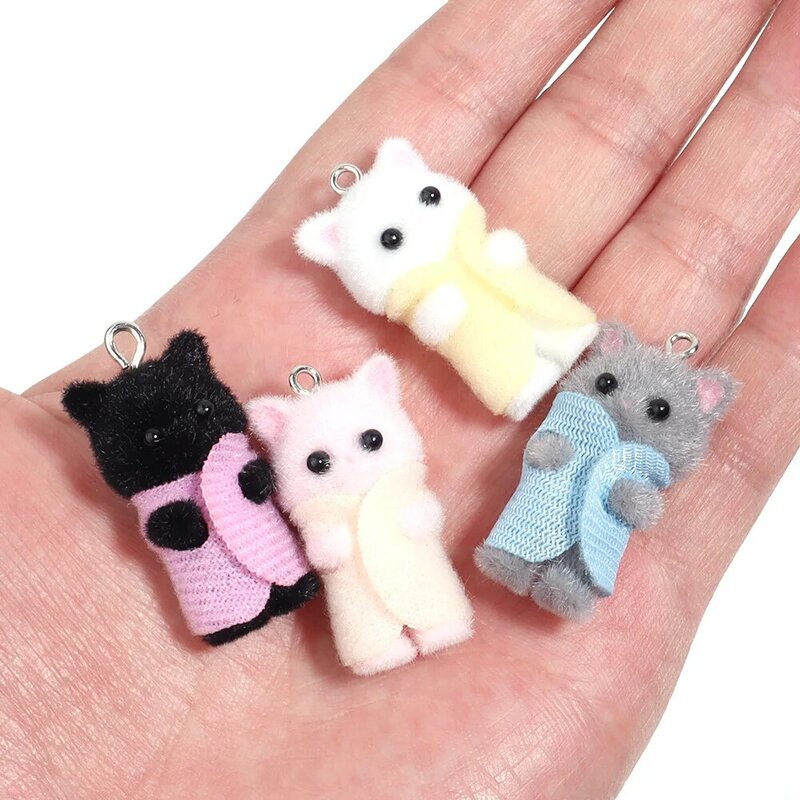 3Pcs Kawaii 3D Flocking Cat Charms Cute Cartoon Cat Ornament Pendant Earring Keychain Accessories for DIY Crafts Jewelry Make