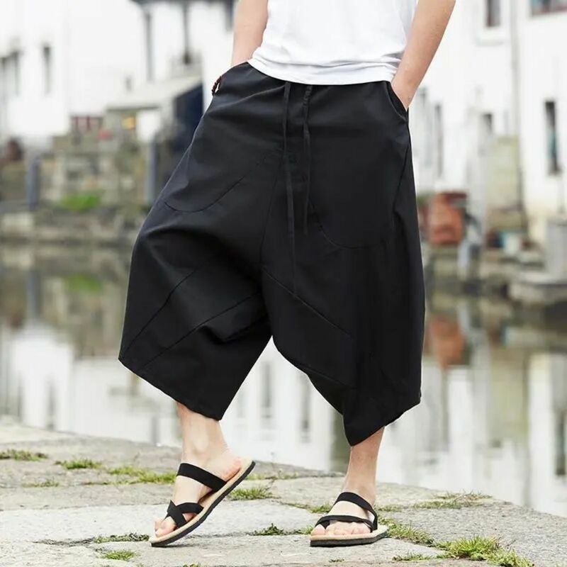 Celana Pria Silid Kaki Lebar Gaya Jepang Celana Panjang Pria Harem Streetwear Selangkangan Drop Yoga Longgar Ukuran Besar Kung Fu