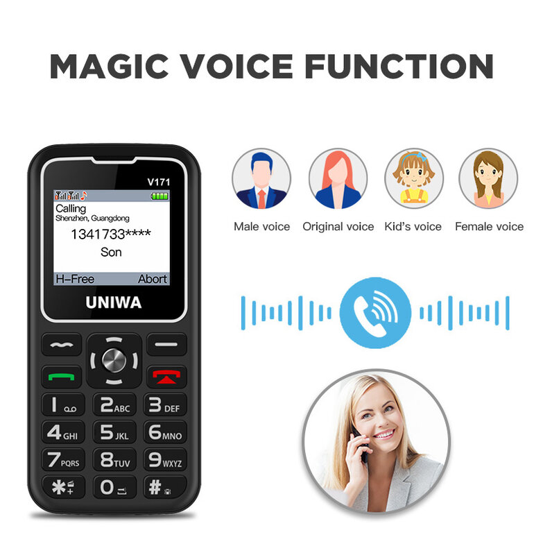 UNIWA – téléphone portable V171, écran de 1.77 pouces, fonction SOS 2G, grand bouton, haut-parleur FM, autonomie de 10 jours en veille, station de charge