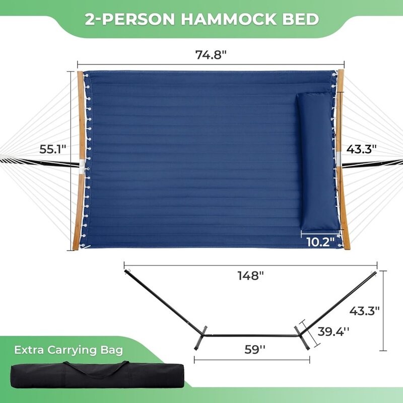 Hamaca de barra curvada con soporte, marco de hamaca resistente para 2 personas, almohada desmontable, azul marino