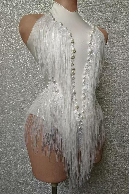 Sparkly White Pearls frange body Sexy nappa body Jazz Dance Costume One piece Stage Wear Dancer Performance Show Shuye