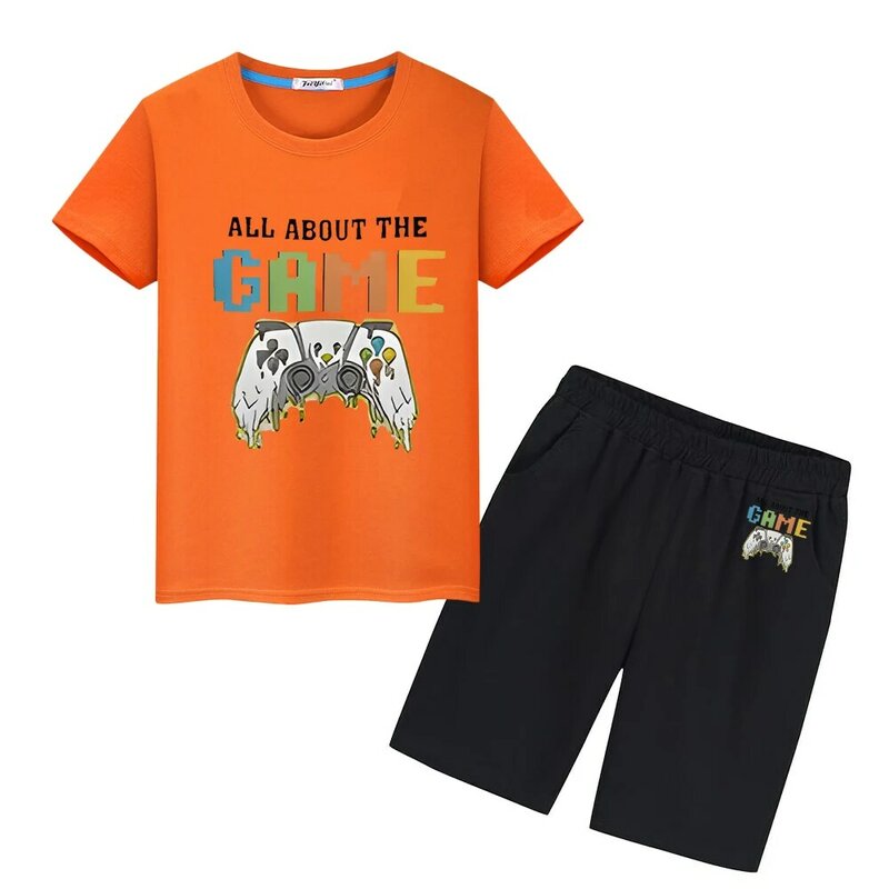 Kawaii 100%Cotton T-shirt gamepad printing Sports Sets Cute Tees Summer Tshirts Tops+shorts boys girls clothes kid holiday gift