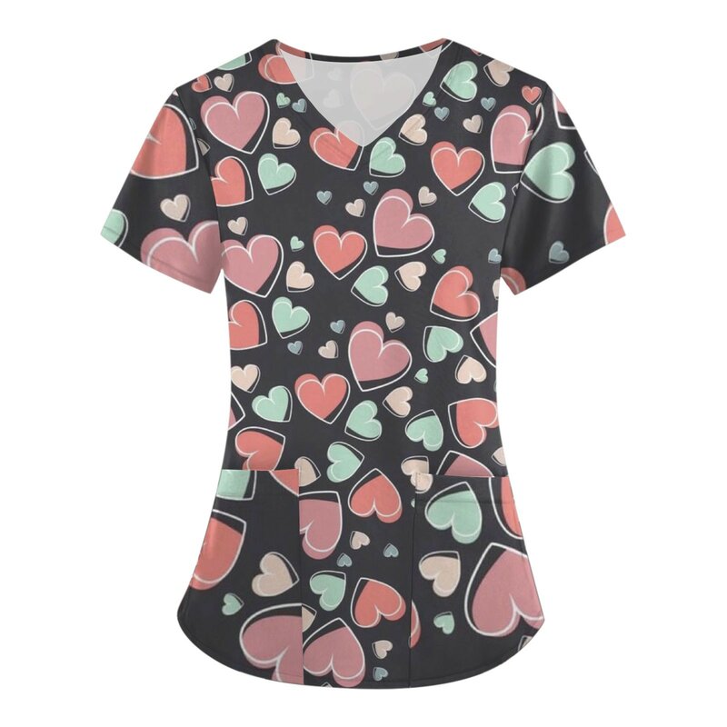 V-Neck Fashion Frosted Tops Uniform Short Sleeve Doctor Nurse New Summer Women's Clothing Valentine Day Pattern Short Sleeved