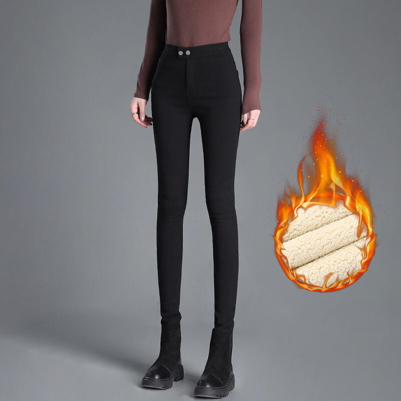 Cashmere Leggings สำหรับผู้หญิงสีดำสูงเอวสีดำ Lamb Flannel Warm Magic กางเกงรัดรูป