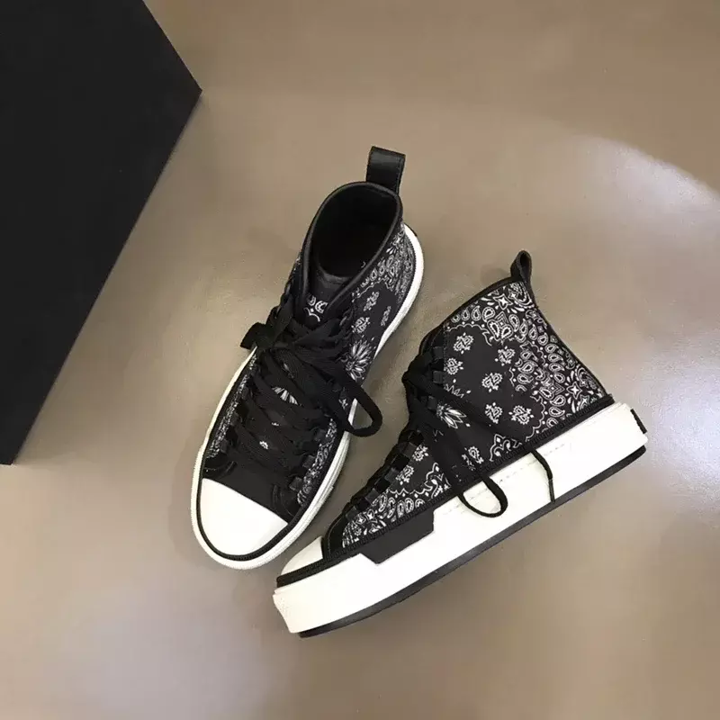 AM Men's Shoes Casual Canvas New Trend Versatile Youth Sports Black Sneakers Fashion Cashew Flower High Top Board Shoes for Men
