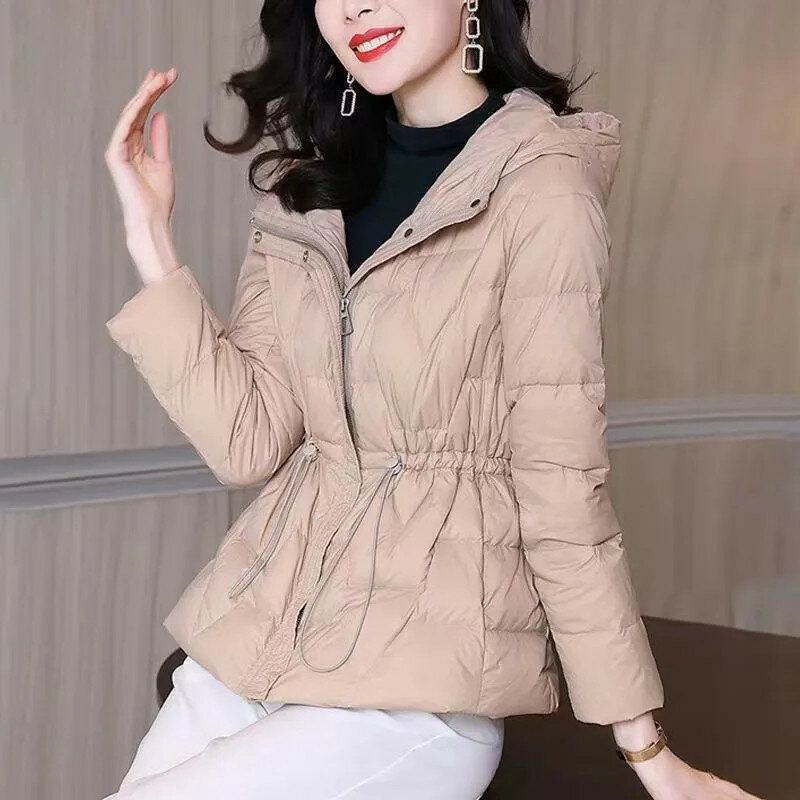 Mantel katun pendek wanita, Luaran Parka berkerudung longgar, warna murni musim dingin 2024