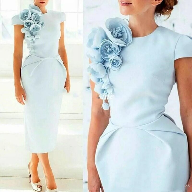 Arabska lekka niebieska zakrętka rękawy satynowa pochwa sukienki koktajlowe czapka rękawy 3D kwiaty długość herbaty krótkie na wieczorny bal sukienki imprezowe