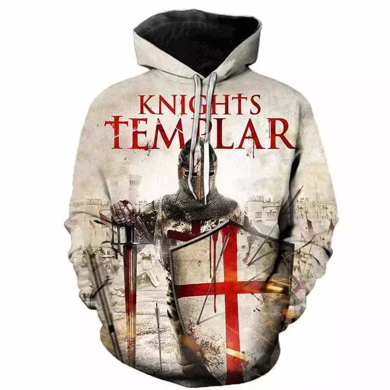 Wzór nadrukowany bluza z kapturem Templar fajny styl bluza Retro nadruk męska z kapturem z długim rękawem XS-5XL nowy styl