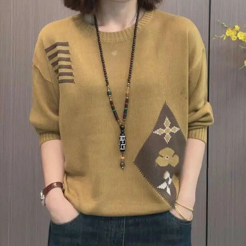 New Autumn/winter Fashionable Loose Fitting Casual Oversized Round Neck Jacquard Retro Ethnic Style Women's Knitted Sweater