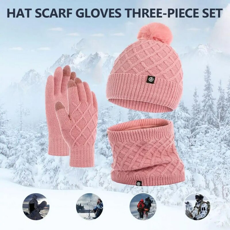 Set syal hangat sarung tangan layar sentuh, aksesoris musim dingin hangat topi syal sarung tangan untuk uniseks elastis Anti selip untuk luar ruangan