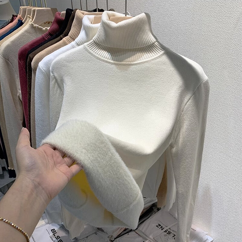 Pullover rajut wanita, pakaian wanita Bodycon mode ramping atasan Pullover rajut hangat beludru tebal musim dingin Sweater elegan Turtleneck Jepang