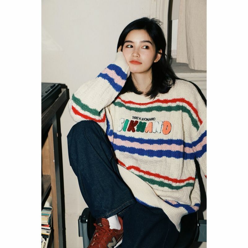 Letter Embroidery Sweater Women Street Vintage Striped Crewneck Sweaters Pullover Loose Casual Sweater Long Sleeve Top Clothes