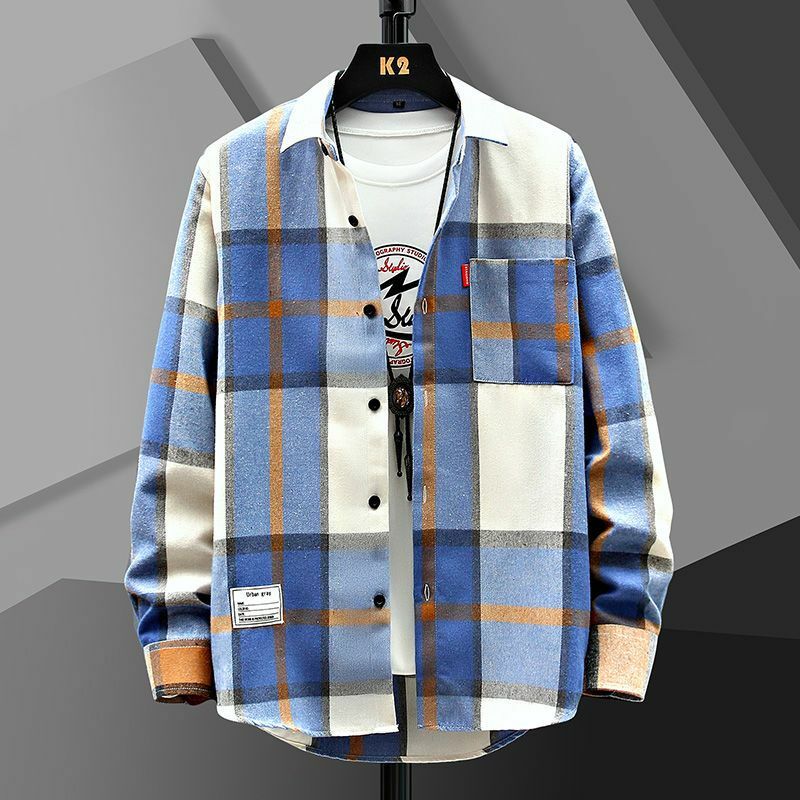 2023 Spring and Autumn Men's Lapel Loose Plaid Button Printed Pocket Casual Fashion Elegant Commuting Long sleeved Shirt