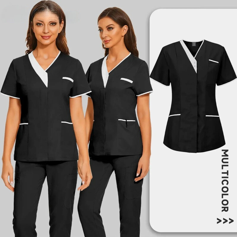 Ropa de trabajo clínica, uniforme de enfermera médica, Top de manga corta, ropa de médico, blusa de Color sólido, ropa de trabajo con cuello en V