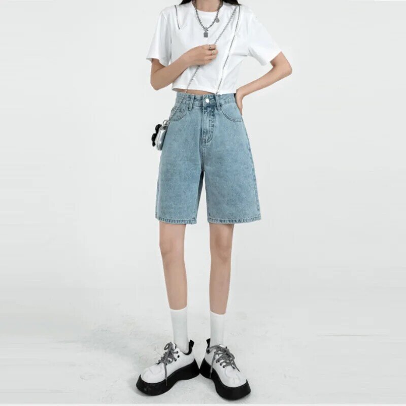 Celana pendek DENIM ย้อนยุคสำหรับผู้หญิง2023ฤดูร้อนกางเกงห้าส่วนเอวสูงกางเกงขายาวหลวมทรงเอไลน์สไตล์เกาหลี