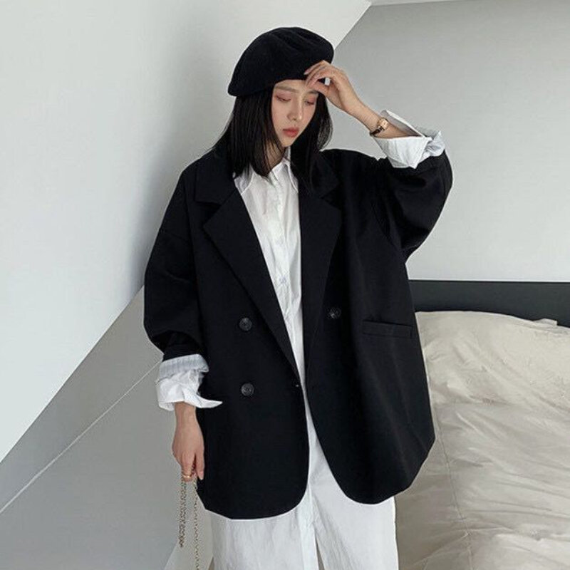Blazer lengan panjang wanita, baju luar elegan desain longgar santai sederhana kantor jalanan tinggi modis gaya Korea