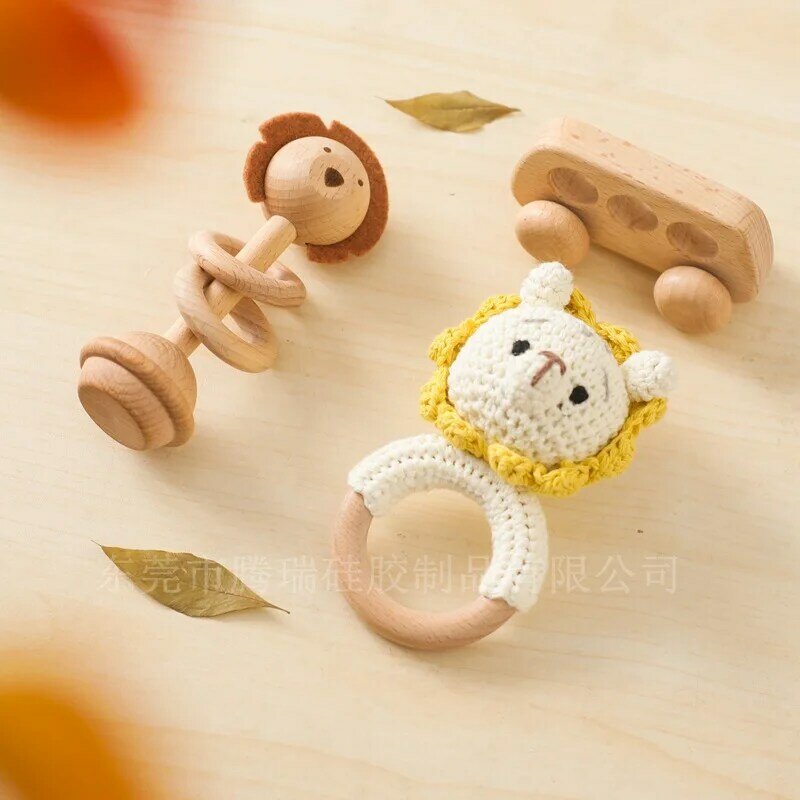 Drewniane zabawki Montessori dla niemowląt, drewno bukowe zwierząt mobilna grzechotka do dekoracji pokoju dziecięcego wygodna grzechotka