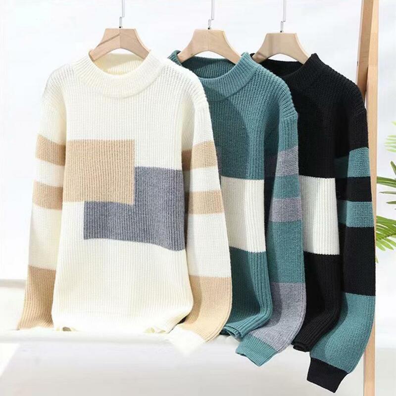 Color Block Sweater Colorblock Knitted Men's Sweater for Fall Winter Thick Warm O Neck Pullover with Long Sleeves Elastic