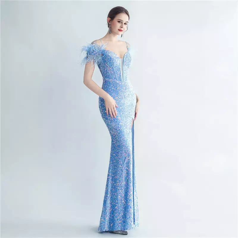 Sladuo Women Sexy Off Shoulder Sequin Ostrich Feathers Bandage Corset High Split Cocktail Evening Formal Party Dress Gown