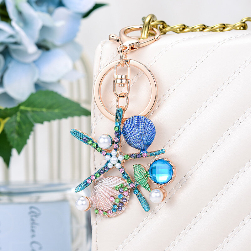 Cute Starfish Shells Keychain Crystal Pendant Keyring Jewelry Snap Hook Buckle Key Holder Bag Pendant Ornaments Gift New