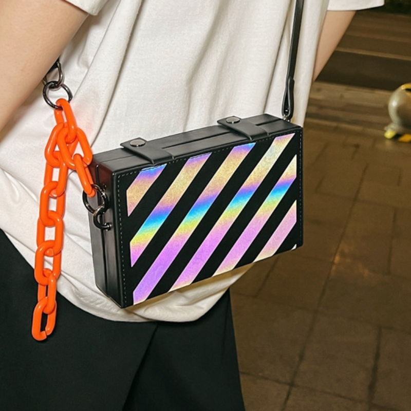Small Square Bags for Women 2023 Trend Hip Hop Fashion Crossbody Bags Leather High Quality Striped Reflective Shoulder Bag Woman
