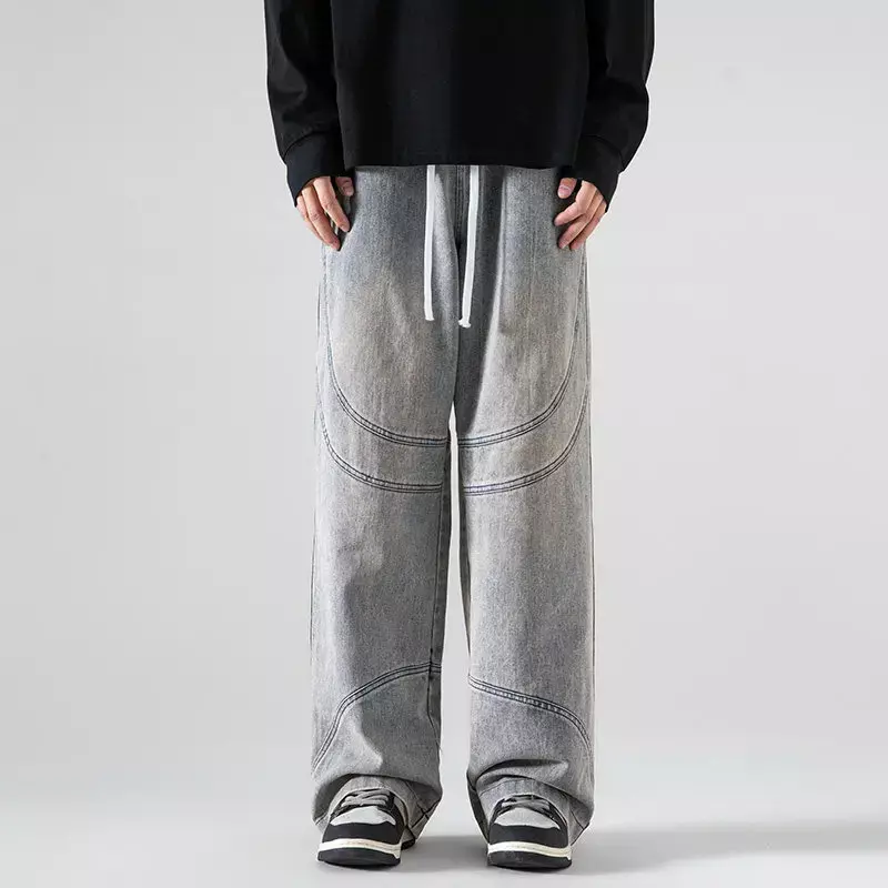 2024 nowe luźne sprane dżinsy spodnie Oversize męskie spodnie dżinsowe szerokie spodnie nogi casualowe w stylu Streetwear Hip Hop sznurkiem Harajuku