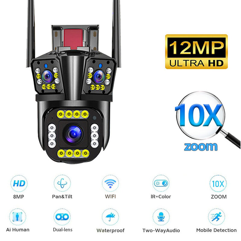 Kamera CCTV WIFI 12MP 6K 10X Zoom Bezprzewodowa kamera zewnętrzna, kamera bezpieczeństwa 360 stopni, automatyczne śledzenie, połączenie dwukierunkowe, kolorowa noktowizor