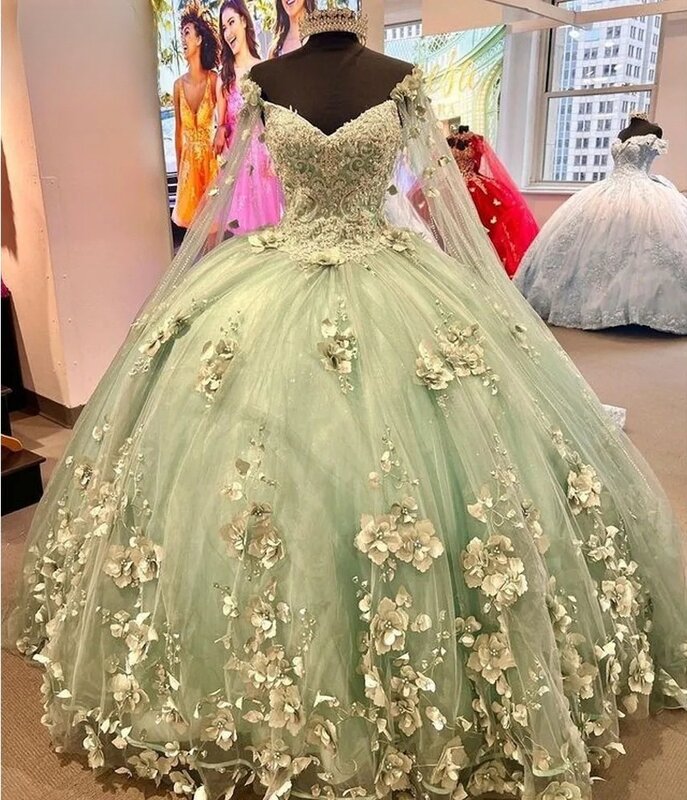 Vestidos Princesa Quinceanera, Verde Menta, Vestido de Baile, Apliques com Decote V, Pérolas Floral, Doce 16 Vestidos, 15 Anos, Personalizado