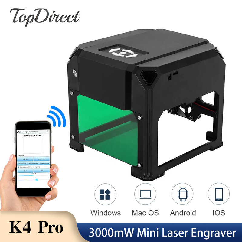 Topdirect Cnc Laser Graveur K4 Pro Houtbewerking Mark Printer Mini 3000Mw Met Bluetooth Laser Gravure Machine Voor Hout Plastic