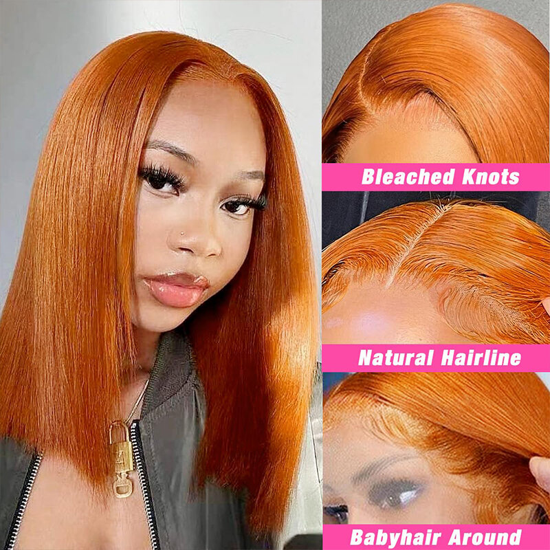 Rudy pomarańczowy Bob proste 13x4 koronkowe peruki z ludzkich włosów dla kobiet przezroczyste koronkowa peruka na przód HD wstępnie oskubane brazylijska peruka