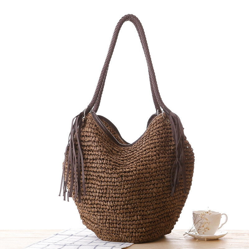 2024 New Tassel Woven Straw Bags for Women Shoulder Bag Lrage Travel Rattan Bag Tote Big Bali Shopper Purse Handbags Beach Bags